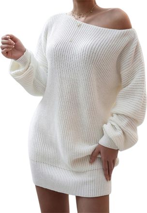 Generic Womens Off Shoulder Lantern Long Sleeve Sweater Dress, Sexy Loose Ribbed Knit Solid Pullover Jumper Dress (White,3XL)
