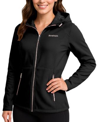 Reebok Womens Softshell Jacket - Super Soft Woven Wind Resistant Womens Fleece Jacket for Golf Running Gym Workout Hiking, Black Ink, S