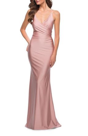 La Femme Fitted Long Jersey Gown with Criss Cross Bodice in Mauve at Nordstrom, Size 12