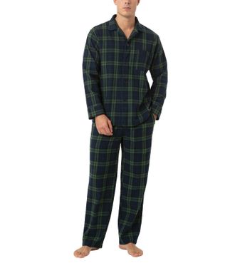 Lapasa Mens 100% Cotton Flannel Pajama Set Pyjamas Top & Bottom M95 (Dark Green & Navy Plaid, XX-Large)
