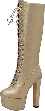 Generic Womens Lace Up Knee High Boots Round Toe Platform Ultra High Heel Party Long Booties Plus Size