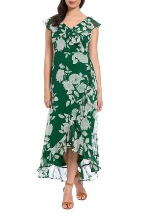 London Times Ruffle Wrap Maxi Dress in Dark Green/White at Nordstrom Rack, Size 8