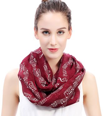 Lina & Lily Musical Notes Print Womens Infinity Scarf Snood Lightweight (Dark Red)