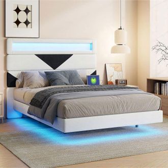OEM Cama 160x200 Terciopelo Beige - Cabecero Led Y Usb - Estructura Doble Moderna - Somier Incluido