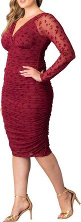 Kiyonna Betsey Ruched Elbow Sleeve Midi Bodycon Dress in Burgundy Flocked Florals at Nordstrom, Size 1X