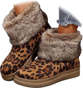 Generic Womens Fleece-Lined Warm Thick-Soled Comfortable Cotton Boot - Winter Ankle Boots with Non-Slip Sole, Cozy Indoor Outdoor House Booties (Leopard,6.5)