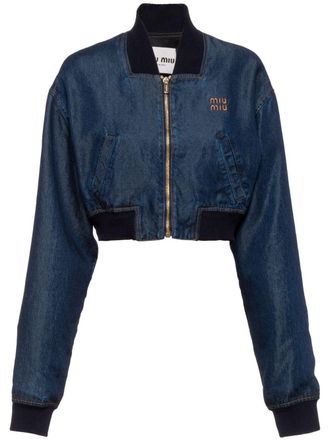 Miu Miu embroidered-logo denim blouson jacket - Blue