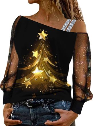 Generic Wine Christmas Tree Jumper Women Long Sleeve Pullover Xmas Tree Print Sweatshirt Fleece Lined Sweaters Tops Crewneck T-Shirt Winter Autumn Casual Yell