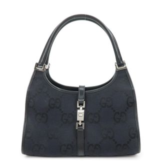 Gucci Piston Jackie O Hobo Leather Black Canvas Handbag (Pre-Owned)