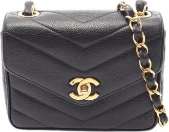 Chanel Pre-owned Chevron V Stitch Calf Mini Shoulder Bag - Dames - Vintage Mini Tas - Zwart - ONE Size - Leer - Vintage