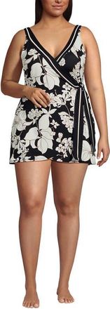 Lands End Plus Size Side Tie Mini Swim Dress Swimsuit in Black/egret Lilies Border at Nordstrom, Size 18W