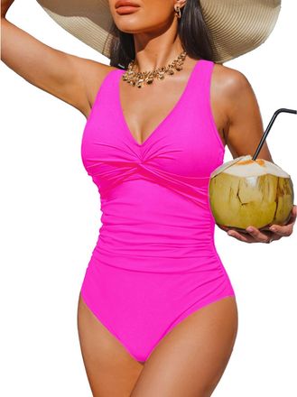 Holipick Women Tummy Control One Piece Swimsuit - Push Up Bathing Suit Full Coverage Slimming Swimwear, Hot Pink, Large