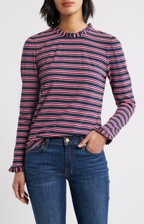 Caslon Ruffle Detail Top in Navy- Pink Alli Stripe at Nordstrom Rack, Size Large