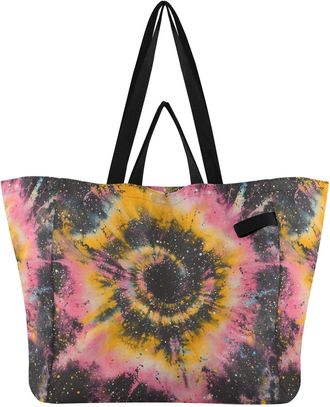 Generic Black Galaxy Tie Dye pattern Reusable Canvas Tote Bag, Heavy Duty Grocery Shopping Bag with Hard Bottom Double Handles Large Capacity Work Groceries T