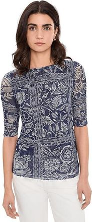 Johnny Was Ruched Sleeve Mesh Top Womens Clothing Vaelis : SM, Polyester/Spandex