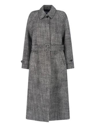 Lardini Grey Wool Herringbone Belted Coat