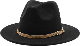 Generic Unisex Wide Brim Fedora Hat Solid Color Elegant Adjustable Autumn Winter Cotton Jazz Caps Men Women Wedding Church Hats with Belt Buckle Black