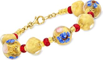 Ross-Simons Italian Multicolored Murano Glass Floral Bead Bracelet With 18kt Gold Over Sterling