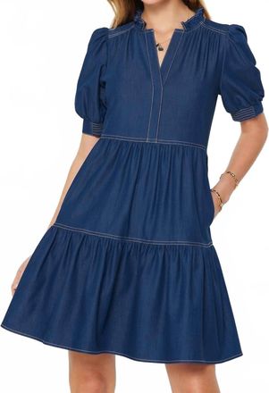 Current Air Denim Tiered Short Sleeve Mini Dress In Indigo
