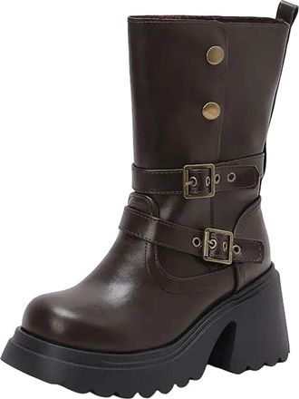 Generic Womens Retro Mid Calf Boots Round Toe Super High Chunky Heel Platform With Buckle Decoration Slip On Style