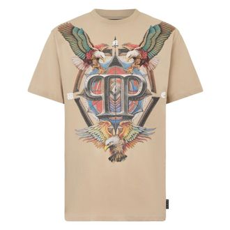 Philipp Plein Tops, Heren, Beige, XL, Katoen, Rondhals T-Shirt Eagle Tattoo