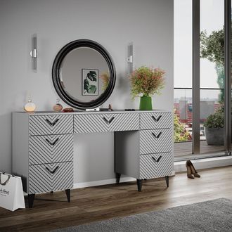Vicco Mesa De Maquillaje Anett, Gris, 150 Cm Sin Espejo, Con 7 Cajones