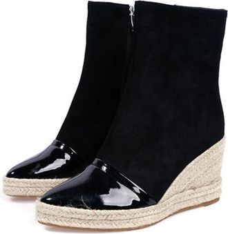 Generic Womens Patchwork Ankle Boots Platform Pointed Toe Wedge Heels Espadrilles Pumps Shoes Pull On Warm Winter Shoes (Black,5.5)