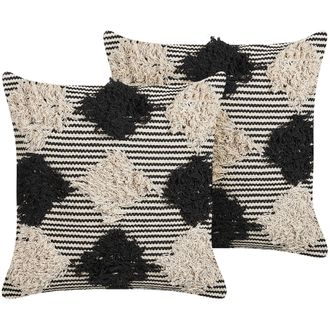 Beliani Conjunto De 2 Cojines De Algod&oacute;n Beige Negro 50 X 50 Cm Hecho A Mano Bhusawal