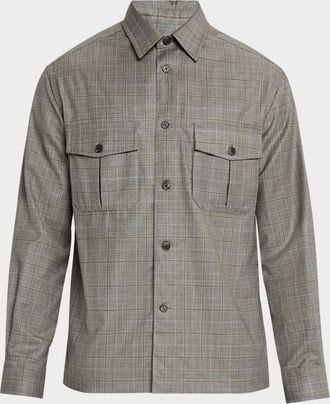 Dunhill Mens Wool Check Overshirt with Suede Trim