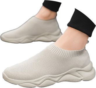 Generic Shoes for Men UK - Mens Fashion Knit Slip On Platform Sneakers Breathable Mesh Upper Lightweight Athletic Walking Casual Shoes Beige