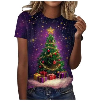 Generic Christmas T Shirts Women Funny Xmas Top Cotton Tshirt Casual Womens Christmas T-Shirt Round Neck Graphic Print Short Sleeve Top for Festive Style Dark