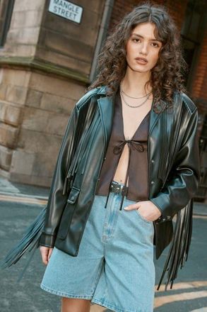 NASTY GAL Fringe Faux Leather Belted Jacket in Black at Nordstrom, Size 10