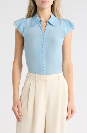Alice & Olivia Martel Flutter Sleeve Silk Button-Up Top in Mineral Blue at Nordstrom Rack, Size X-Large