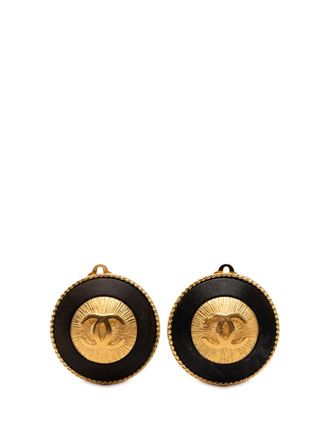 Chanel 1993 CC Gold Plated and Wood Round Button Clip On Earrings costume earrings - Black