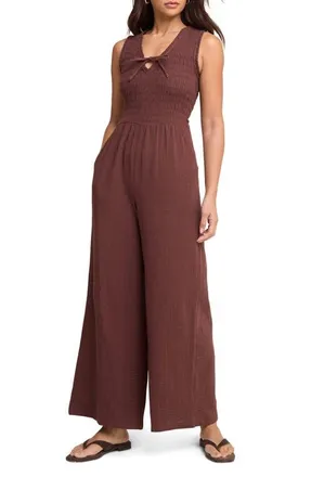 Nobody's Child Jayda Smocked Wide Leg Jumpsuit in Brown at Nordstrom, Size 12