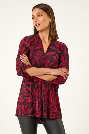 Roman Leaf Print Pleated Top