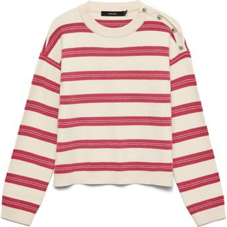 Vero Moda Stripe Button Shoulder Crop Sweater in Birch/Holly Red at Nordstrom Rack, Size X-Large