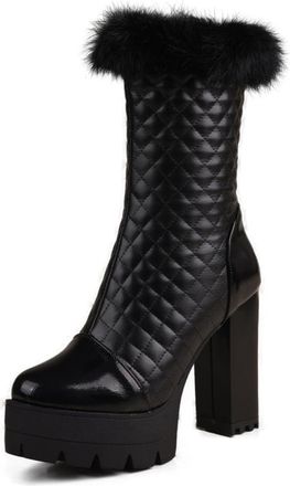 Generic Womens Fashion Mid-Calf Boots Faux Leather Quilted Design Furry Cuff Block Heels Comfortable Anti-Slip Wear-Resistant For Winter Daily Outings Casual,