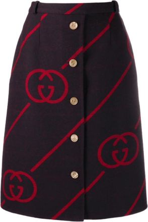 Gucci Interlocking G Reversible Wollen Rok - Dames - Midirokken - Rood - XS - Wol - Rokken