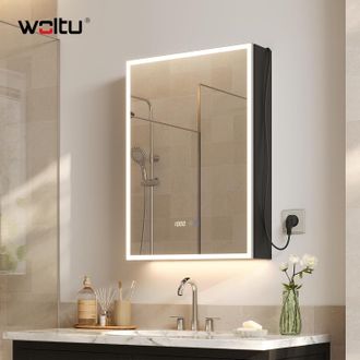 Woltu Woltu - Armario De Ba&ntilde;o Con Espejo Para Montaje En Pared - Con Aumento 3x, Funci&oacute;n Antivaho, Luz Led - Negro [clase De Eficiencia Energ&eacute;tica F]
