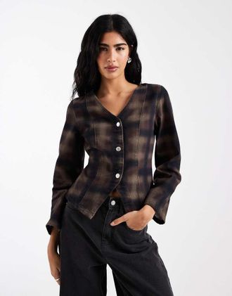 Asos Top in denim con scollo a V e stampa a quadri-Multicolore