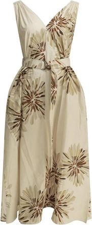 Brunello Cucinelli Jurk met bloemenprint- V-hals en ceintuur- midi-lengte - Dames - Casual kleedjes - Beige - L - Katoen - Kleedjes