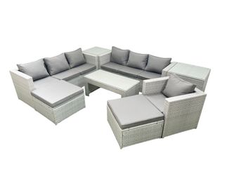 Fimous Wicker PE Rattan Sofa Garden Furniture Set with Oblong Coffee Table Armchair 2 Big Footstools 2 Side Tables Light Grey Mixed