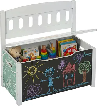 Relaxdays Relaxdays childrens storage bench with blackboard, backrest, HxWxD: 55.5 x 57 x 30 cm, lion motif, toy box, colourful
