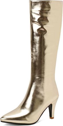 Generic Womens Metallic Kitten Heel Knee High Boots Side Zipper Fashion Winter Party Catwalk Dress Pumps Shoes (5.5,Gold)