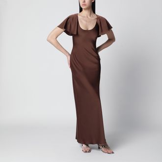 Rotate Long satin dress with flutter sleeves in Potting Soil