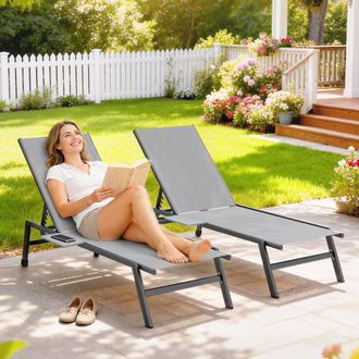 OUTSUNNY Sun Loungers for Garden Set of 2 with Side Tray Table in Grey | Size: 190 cm x 60 cm