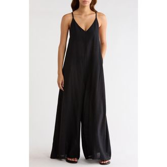 Elan Wide Leg Cotton & Linen Blend Cover-Up Jumpsuit in Black at Nordstrom, Size X-Small