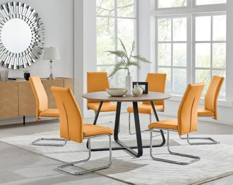 Furniturebox Santorini Brown Wood Effect Dining Table & 6 Black Lorenzo Chairs in Mustard