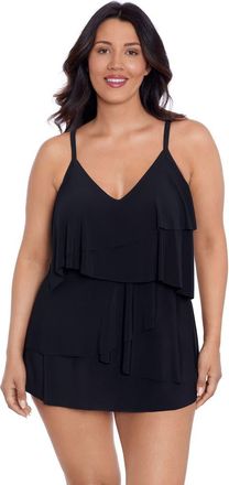 Trimshaper Emilia Asymmetrical Tiered Swimdress in Black at Nordstrom, Size 12